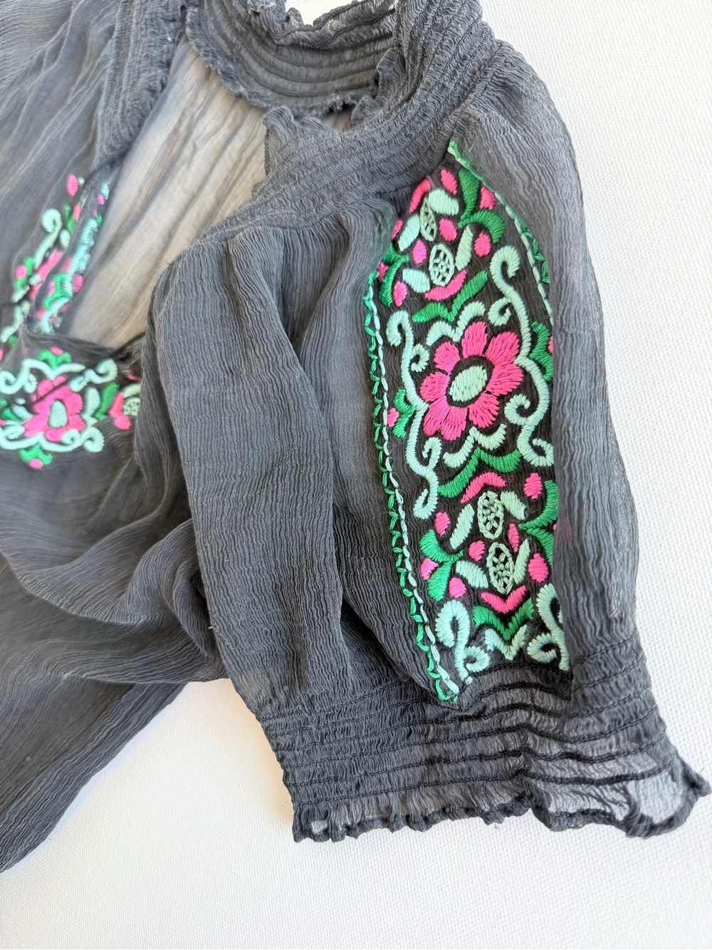 Black Silk Embroidered Sheer Boho Peasant Tunic Blouse Pink Floral No Size - Picture 8 of 8